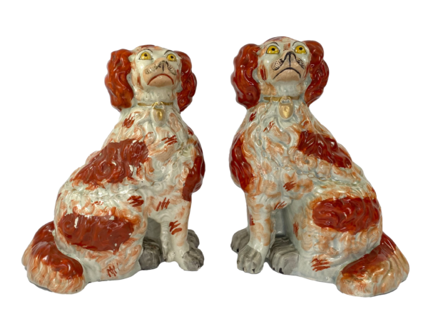Pair Staffordshire pottery Spaniels, of large size, c. 1840.