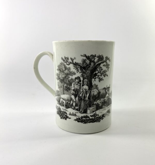 Worcester printed mug, ‘Rural Lovers’ & ‘Milkmaid’ pattern, c. 1765. Worcester printed mug, ‘Rural Lovers’ & ‘Milkmaid’ pattern, c. 1765. people with bulls