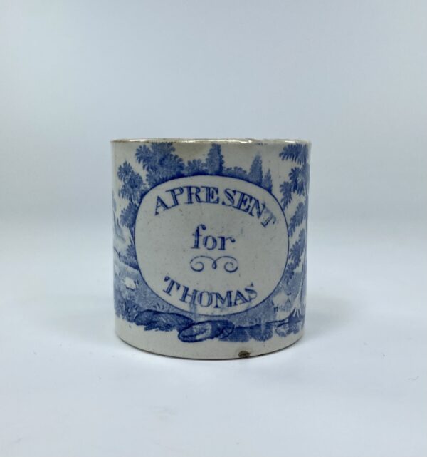 Staffordshire pottery ‘Present for Thomas’ childs mug, c. 1830.