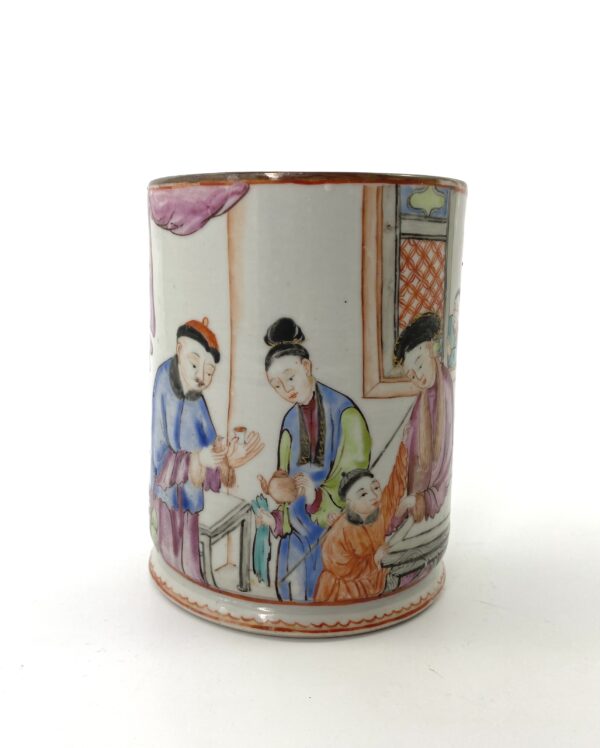 Chinese porcelain mug. Famille rose decoration. c. 1760 Chinese porcelain mug. Famille rose decoration. c. 1760. closeup people