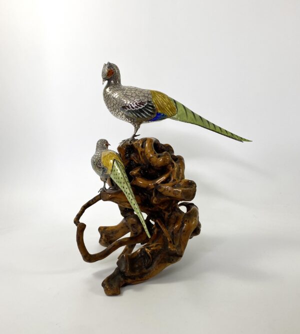 Japanese silver and enamel Pheasants okimono, Meiji Period Japanese silver and enamel Pheasants okimono, Meiji Period