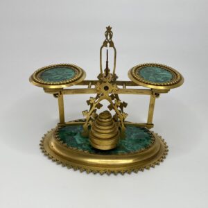 Malachite & gilt metal postal scales. Halstaff & Hannaford, c. 1850.