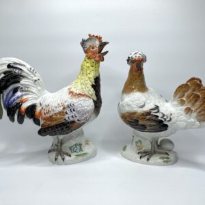 Pair Meissen porcelain cockerel and hen, c. 1920.