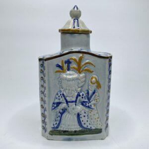 Prattware pottery ‘Macaroni’ tea caddy & cover, c. 1800.