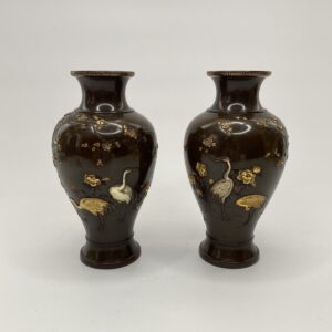 Pair Japanese bronze & mixed metal vases, Inoue of Kyoto, Meiji Period.