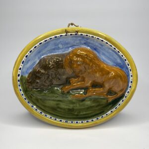 Prattware pottery ‘Lions’ plaque, Staffordshire, c. 1810.