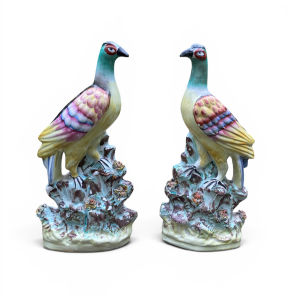 Pair Staffordshire pottery pigeons, c. 1860.