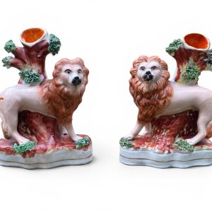 Pair Staffordshire Lion spill vases, Thomas Parr, c. 1850.