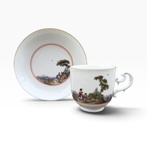 Meissen porcelain Harbour scene cup & saucer, c. 1740.